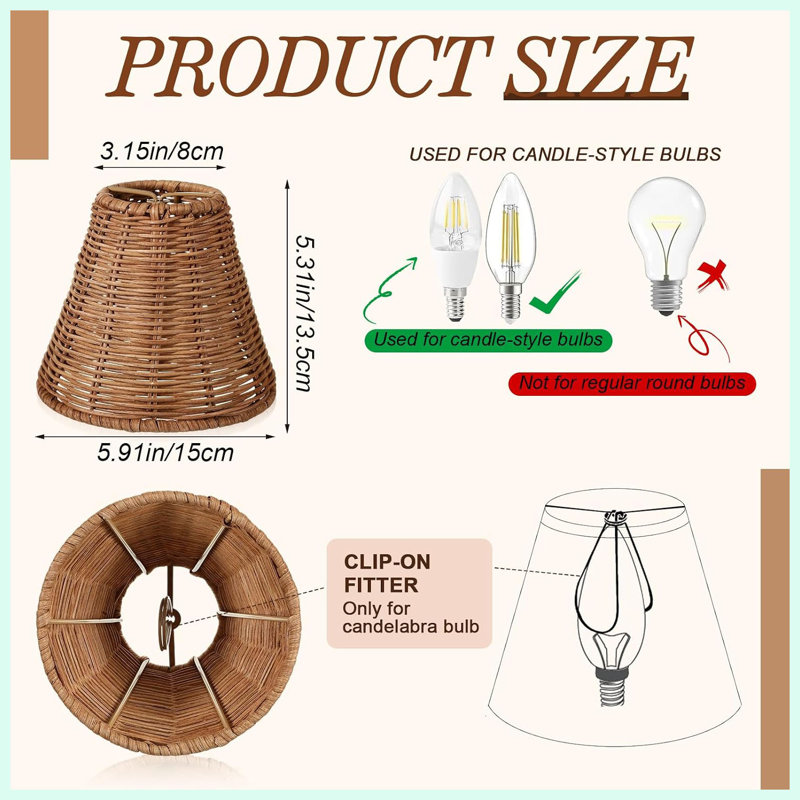6 Set Round Rattan Lampshade Rattan Clip-on Chandelier Shade