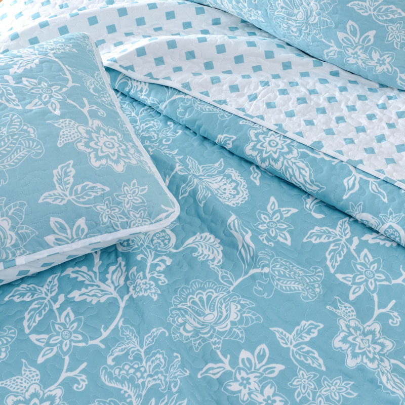 Emma Blue Floral Reversible Microfiber Twin Quilt Set