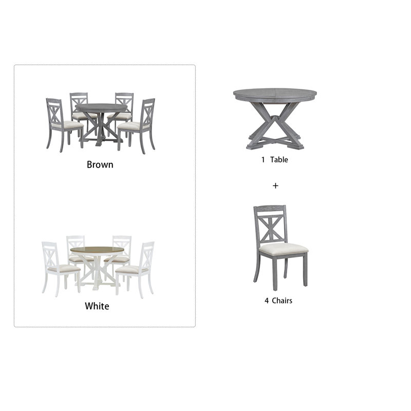 Ensemble de table de salle à manger extensible 5 pièces 5 pièces, Brun, Blanc antique