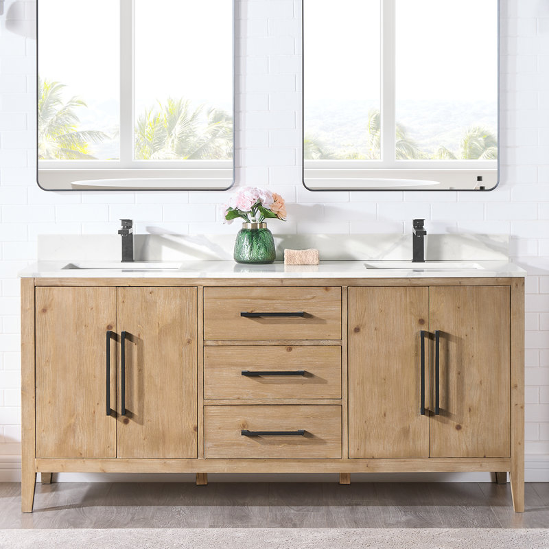 Arbios 72"  Quartz Double Vanity Top with Sink Faucet Holes, Single