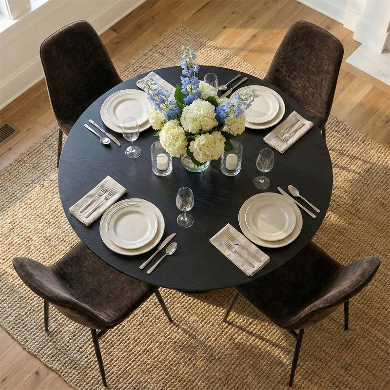 Ensemble de table de salle à manger pour 4 personnes avec table ronde et 4 chaises rembourrées en chenille, Brun