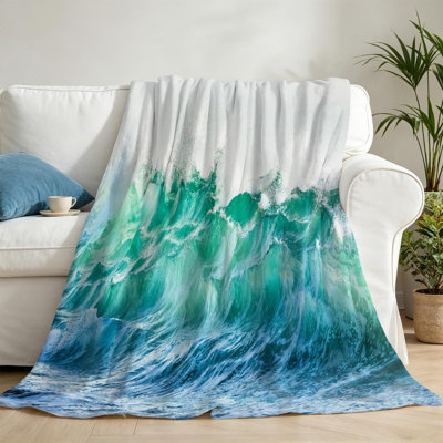Jeté en molleton bleu flanelle ultra doux, imprimé Vagues Vagues