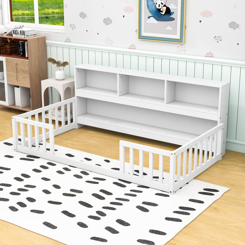 Lit en bois avec tablettes de rangement et garde-corps, Simple, Blanc