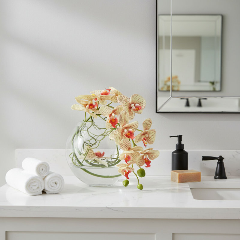 Orchid and Vine Arrangement in Glass Vase, Orange