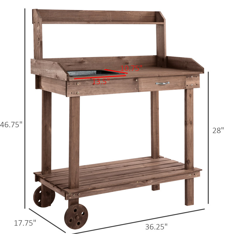 Banc de rempotage en bois de 36 po de couleur brun avec évier, tiroir, grand rangement et 2 roues mobiles