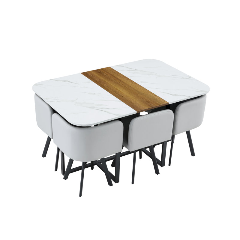 Ensemble de 7 pièces pour économiser de l'espace: table en mélamine + chaise rembourrée en polyuréthane, structure en fer thermolaqué noir pour la cuisine / salle à manger