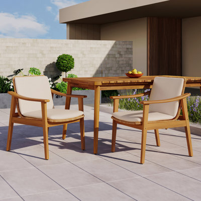 2-Piece Acacia Wood Outdoor Dining Chairs with Waterproof Cushions, Weather-Resistant Patio Furniture