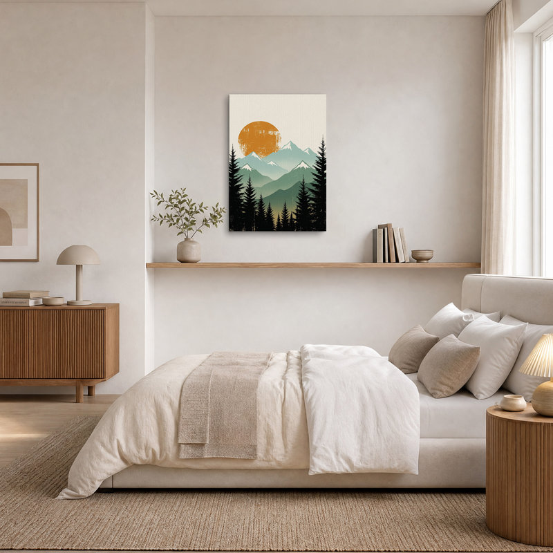 Tableau sur toile rétro soleil orange sur une chaîne de montagnes vertes, H 24 po x l 18 po