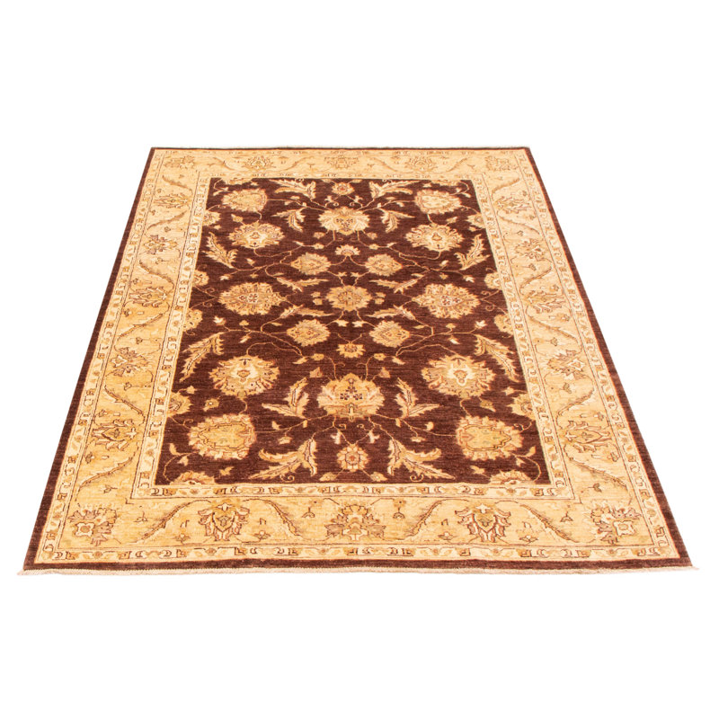 Tapis brun foncé en laine noué à la main de conception unique 5 pi 7 po x 8 pi 1 po Chobi Finest
