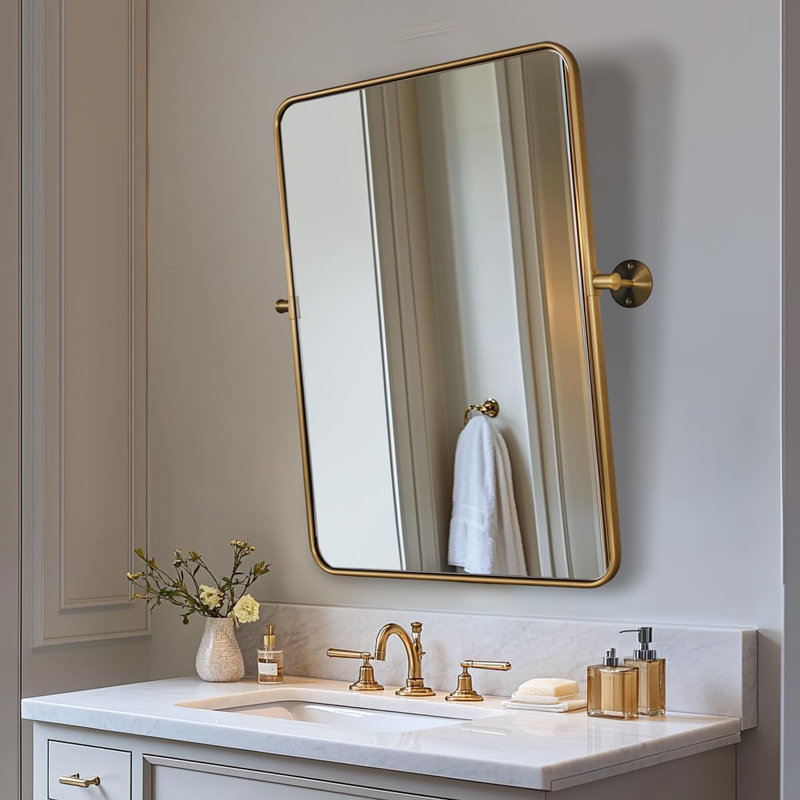 Miroir de salle de bain moderne inclinable, Or brossé, 28 po x 20 po