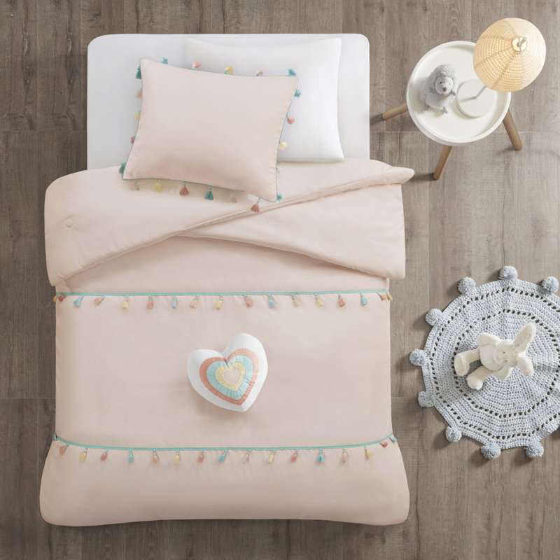 Ensemble d'édredon à pampilles multicolores Tessa, Édredon simple, 1 taie décorative, et 1 coussin, Rosé