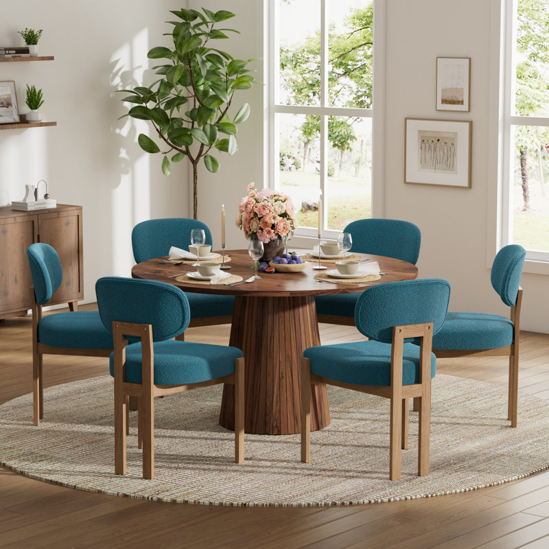 47 Inch Retro Round Dining Table Set For 4-6, MDF Top Kitchen Table With Solid Wood Chenille Fabric Chairs, Vintage Dining Set For Dining Room, Kitchen, Small Space, Apartment