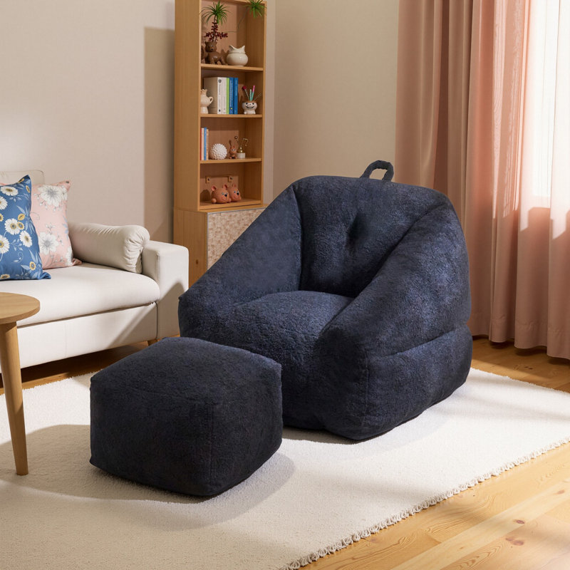 Compression 38.5" W Soft Teddy Fabric Foam Filled Bean Bag Chair With Ottoman, Black Teddy