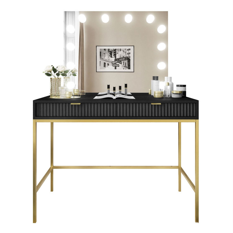 Anges Dressing Table with Mirror, Black Matt/Gold