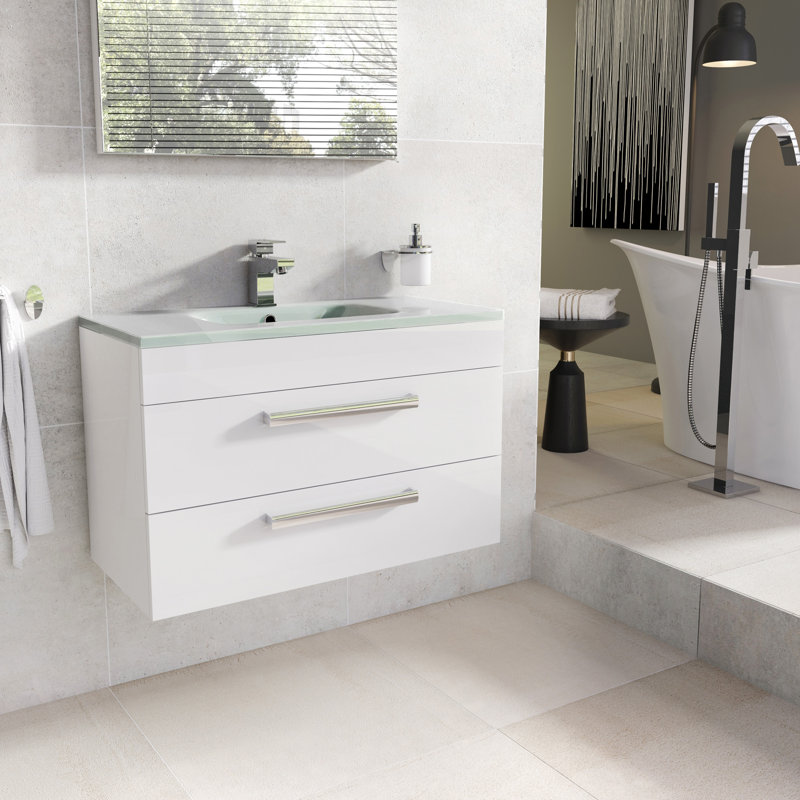 Whitfield 800mm Single Bathroom Vanity with Integrated Glass Basin, Glass, Gloss White