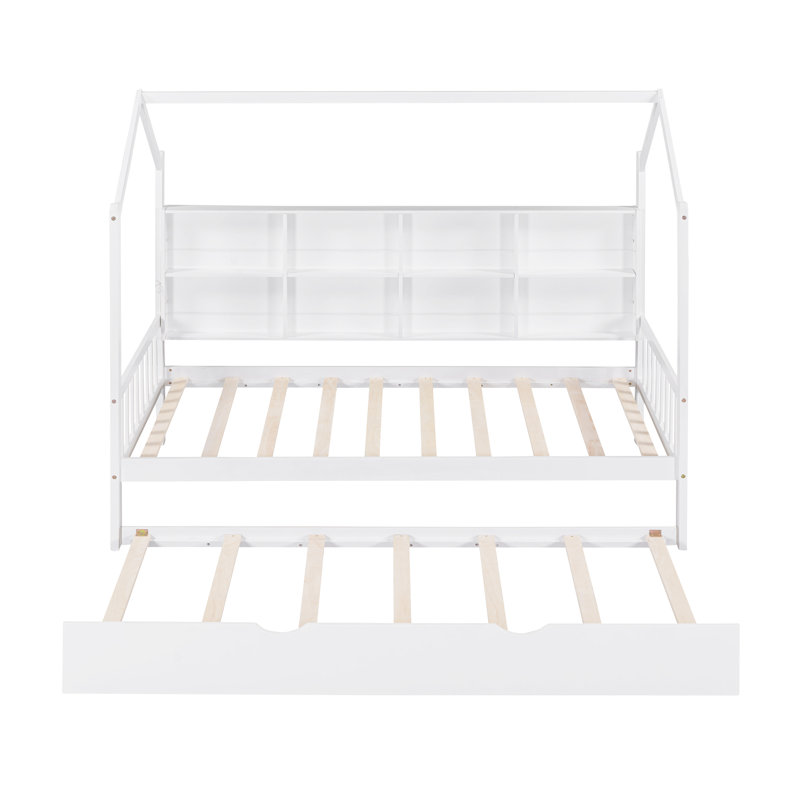 Lit simple en bois pour enfants avec lit gigogne et tablette de rangement, cadre de lit blanc pour chambre d'enfant, aucun sommier nécessaire