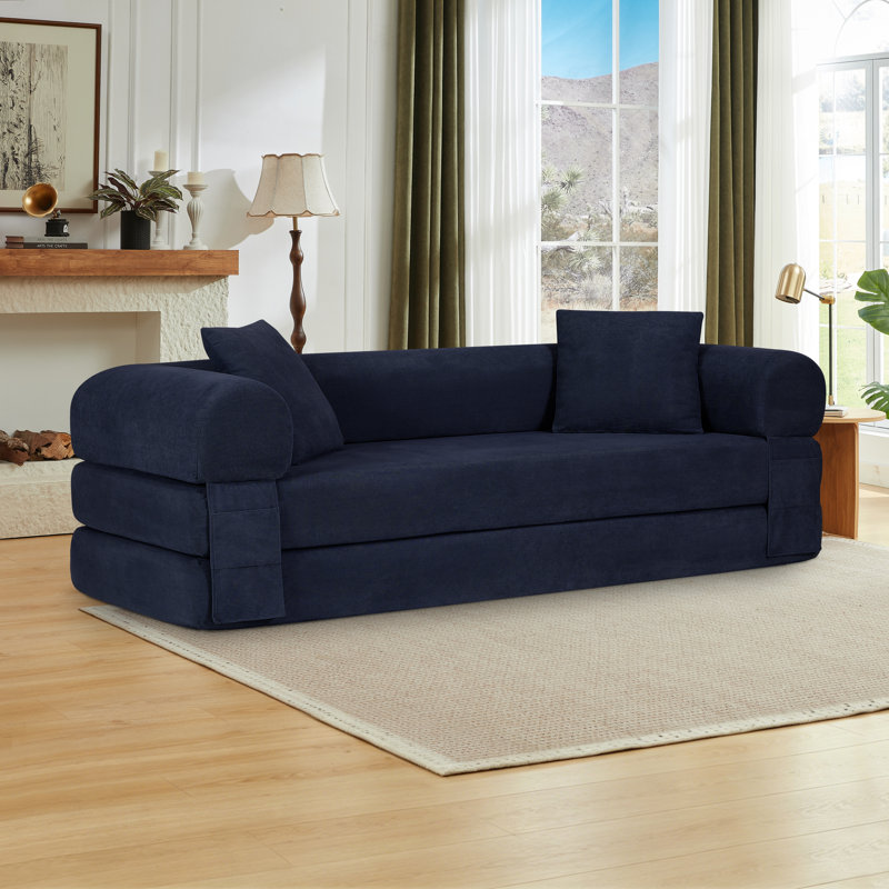 80" Queen-Size Futon Sofa Bed Foldable Couch Bed With 2 Pillows - No Assembly Required, Navy
