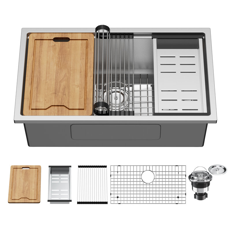 Évier de cuisine à simple cuve encastrable en acier inoxydable avec accessoires KDK ACCUEIL 32 po