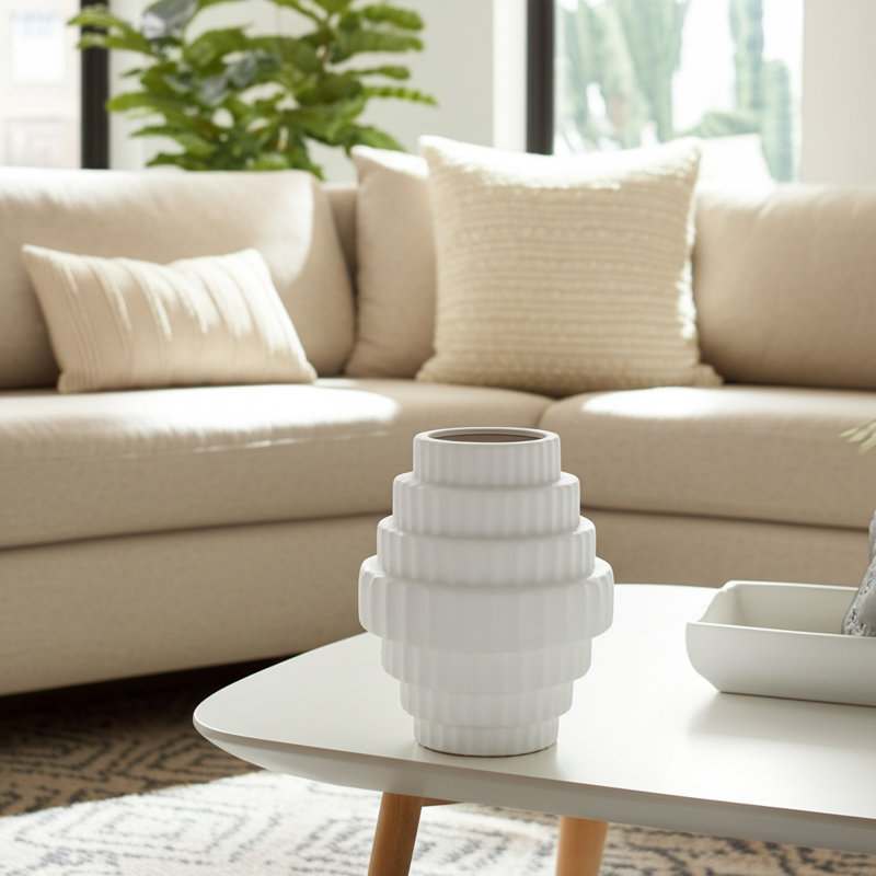 Textured Staggered Vase, White, 10" H x 8" W x 8" D
