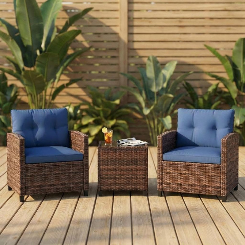 Ensemble de meubles de patio 3 pièces, chaises en rotin PE, table en verre, ensemble en osier pour balcon sur jardin, brun bleu