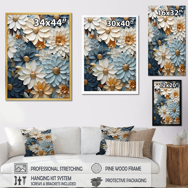 «Vibrant Blue White Zinnias Collage» sur toile, Cadre flottant doré, H 32 po x l 24 po x P 1 po