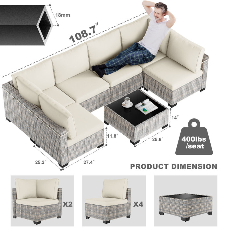 7-Piece Patio Furniture Set, Outdoor Patio Furniture with Thick Cushions, Modular Patio Sofa, Dual-Strand Wicker Rattan, Rust-Resistant Frame, Backyard Furniture for Garden, Deck