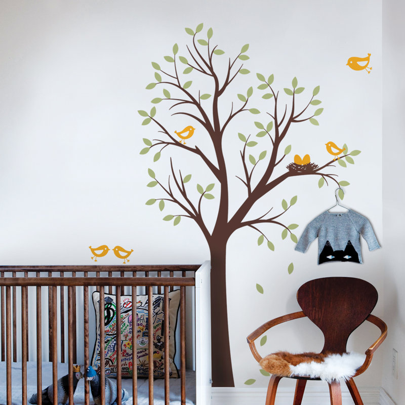 Décalcomanie murale arbres avec oiseaux et nid, Brun