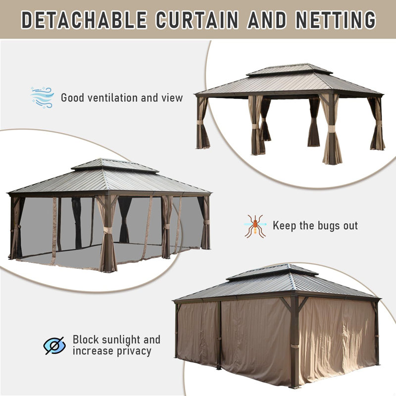14ft Hardtop Gazebo, Outdoor Gazebo With Galvanized Steel Double Roof, Aluminum Frame, Built-In Gutter System, Curtain And Netting, Metal Gazebo Pavilion