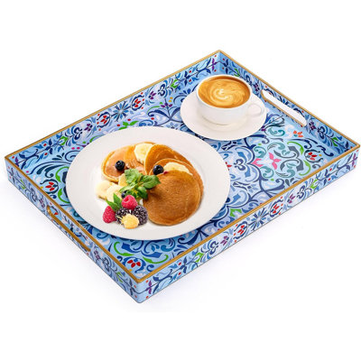 Plateau de service en plastique Boho avec poignées, plateau rectangulaire pour table basse, repose-pieds et maison