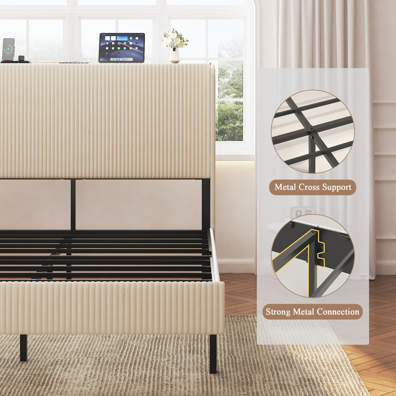 Structure de lit plateforme en métal avec station de charge - aucun sommier nécessaire, silencieux, facile à assembler, beige
