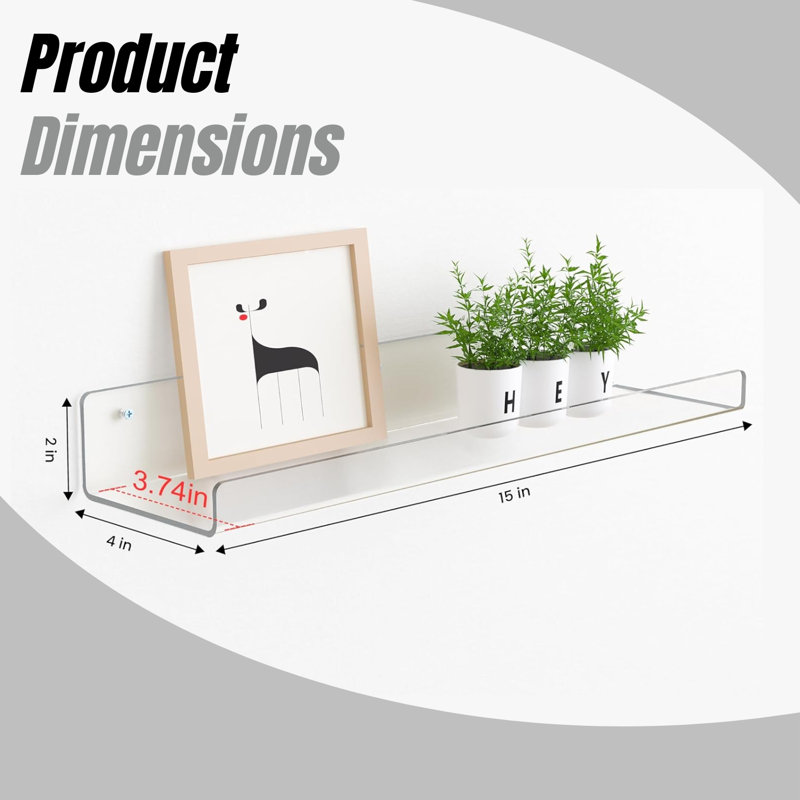 Acrylic Wall Shelves 6-Pack 15"X4" Floating Bookshelves Clear Storage Organizer For Room, Bathroom, Bedroom, Kitchen