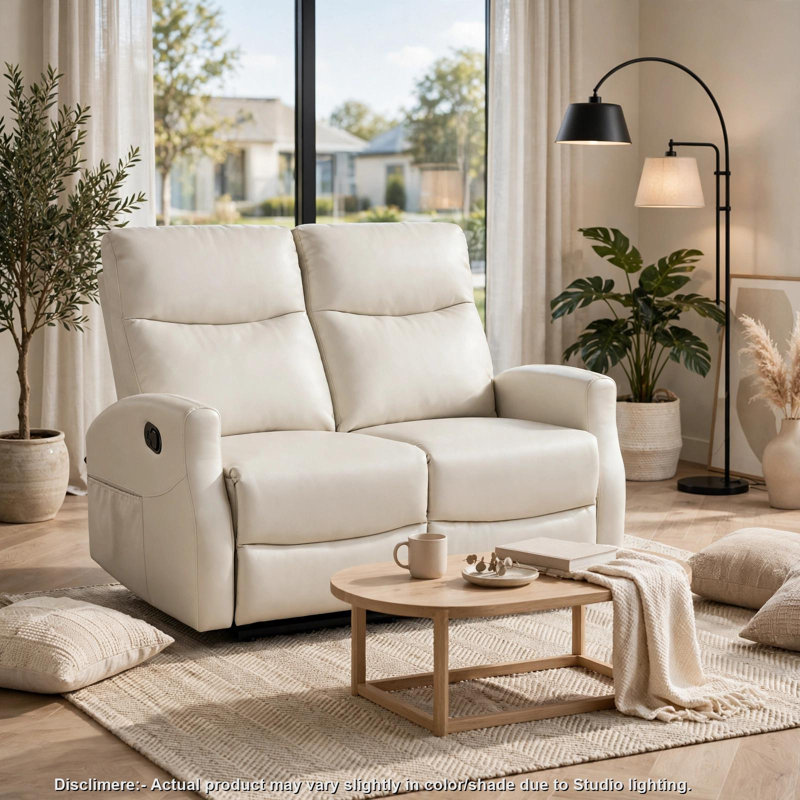 Canapé deux places inclinable Henly, poches pour magazines, similicuir beige, 50.5" W