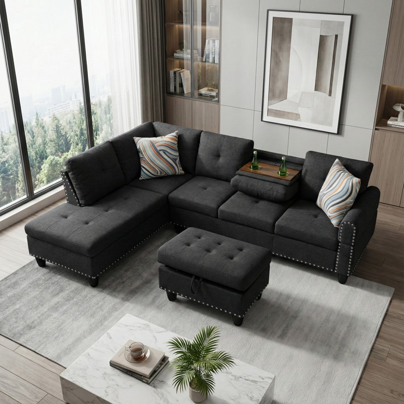 Canapé modulaire rembourré avec table cachée et repose-pieds avec rangement, Microfibre noire, Orienté à gauche (vu de face)