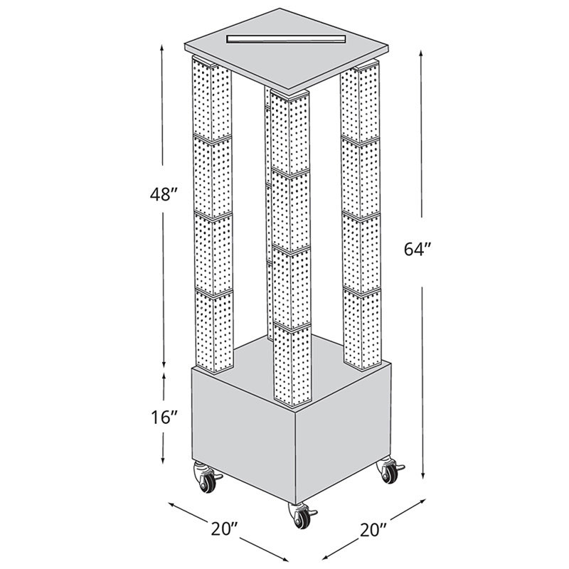 Présentoir multi-tours en panneau perforé sur base à roulettes. Taille du panneau: l 4 po x H 48 po