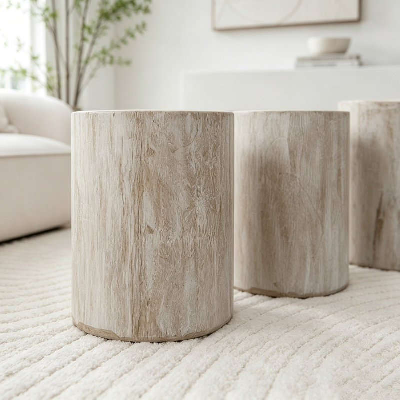 Ensemble de 3 tables basses arrondies en bois avec fini blanchi, Antique White,Natural Whitewash,White Washed,Wood