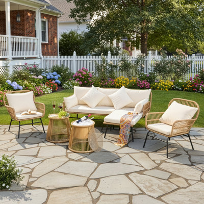 Alfhild 6 Piece Wicker Boho Patio Furniture Set with Ice Bucket Table, Outdoor Conversation Set, Sectional Seating Group