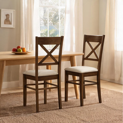 Ensemble de 2 chaises de salle à manger modernes aux tons bruns, avec dossier ergonomique en X et structure en bois d'hévéa massif.