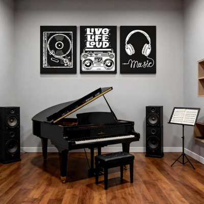 3 pcs Black and White Music Canvas Framed Wall Art, Vinyl Record Painting Poster Print Retro Font Design Rock Music Lover Decorative Images Suitable for Bedroom/Office Wall Decor 16x24 inch