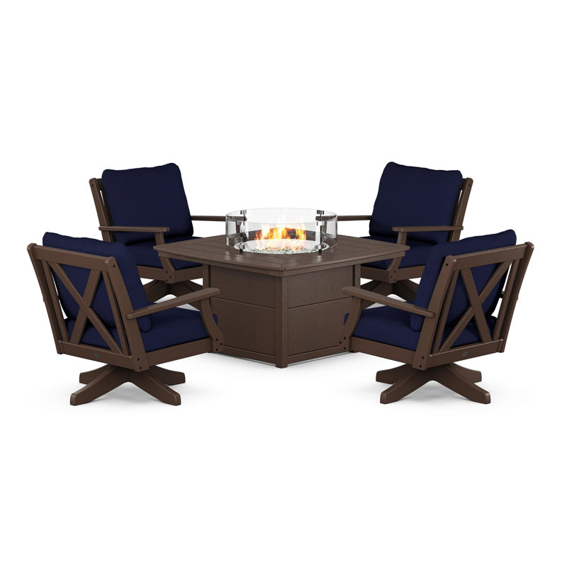 Braxton 5-Piece Deep Seating Swivel Conversation Set with Fire Pit Table, Mahogany, Weathered Tweed