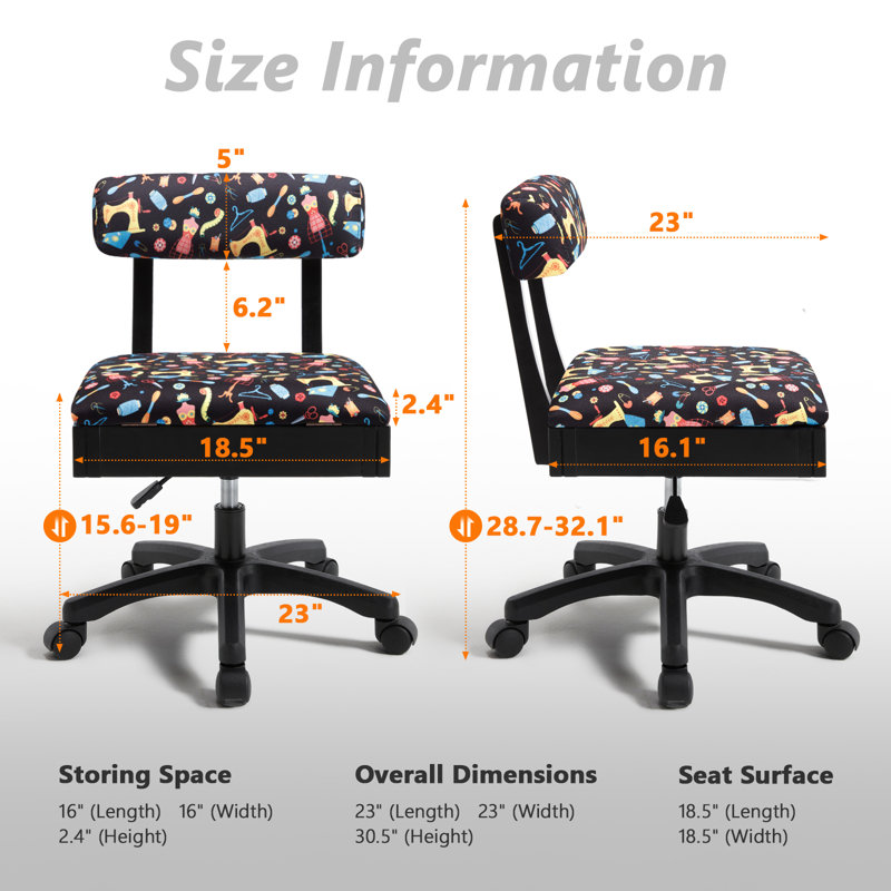 Chaise à coudre avec rangement sous le siège et support pour le dossier Chaise à roulettes à hauteur réglable pour meubles de salle de couture et machines à coudre