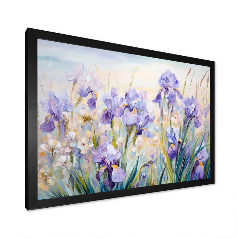 Purple Irises Country Charm - Flowers Wall Art, 24" H x 32" W x 1" D, Black Single Picture Framed