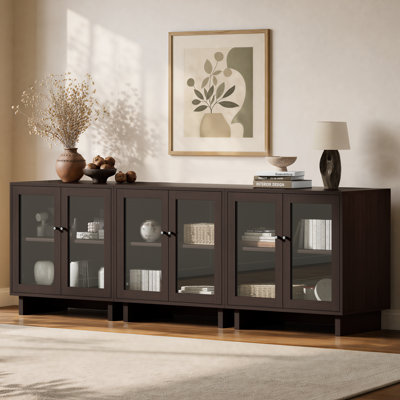 Buffet Almaguer de 80 cm de large avec porte vitrée, tablette réglable et fini grain de bois (ensemble de 3), noyer brun