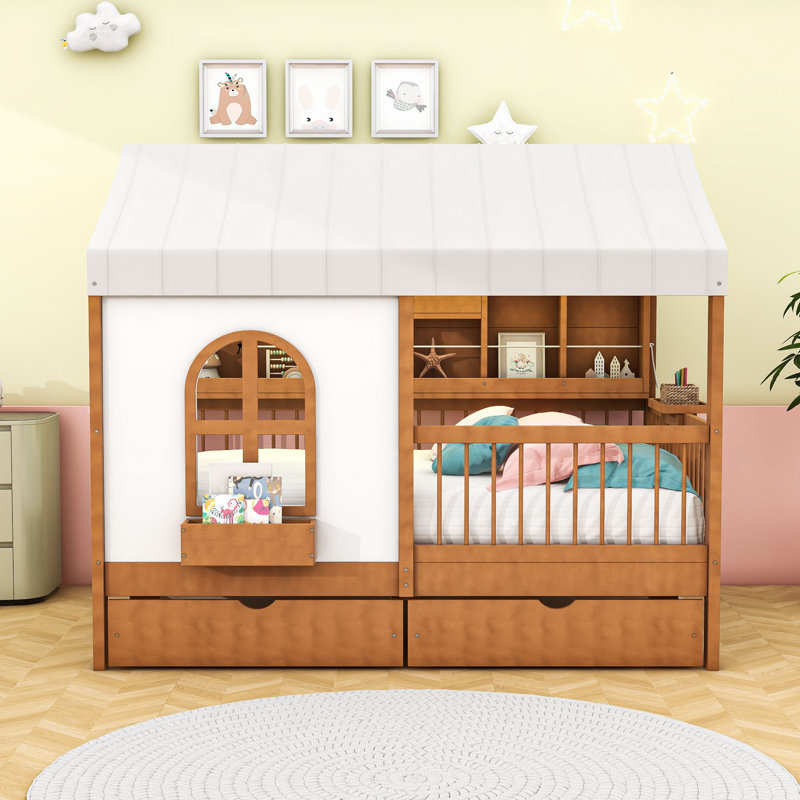 Full Size Wooden House-Shaped Bed With Charging Board, Shelf, Drawers And LED Strip, Walnut
