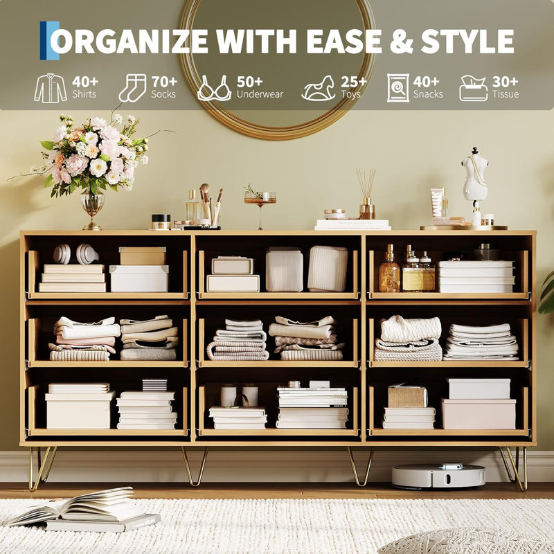 9-Drawer Fluted Dresser, Wooden Construction, 63" Wide Storage Chest with Metal Handles, Modern Bedroom & Living Room Furniture, Natural