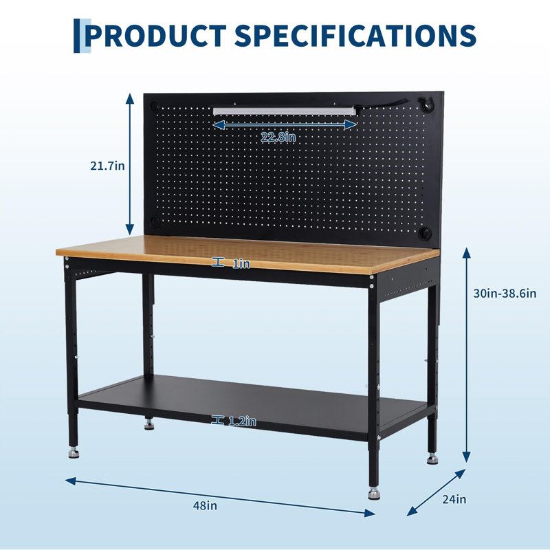Établi robuste à hauteur réglable de 48 pouces, capacité maximale de 2000 lb avec tablette de rangement, panneau perforé, lumière DEL magnétique et multiprise intégrée pour atelier de menuiserie
