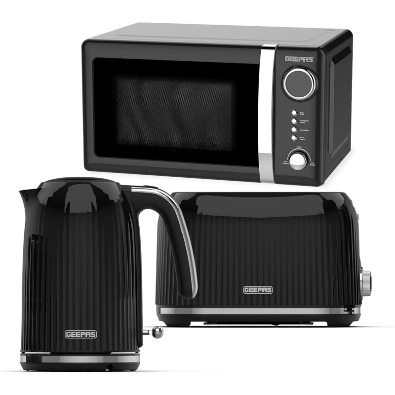 Geepas Electric Kettle 2 Slice Bread Toaster & Microwave Kitchen Set | 3000W 1.7L Textured Cordless Kettle | 2 Slice Toaster with 7 Level Browning Control | 700W Digital Microwave 20L