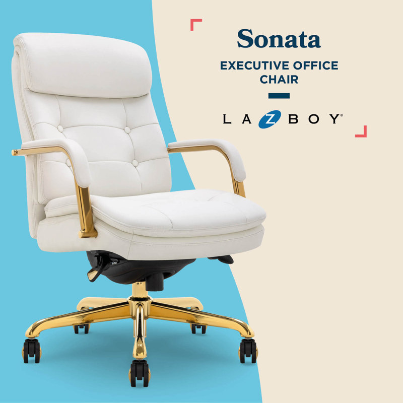 La-Z-Boy Sonata Executive Office Chair With Padded Arms, Bonded Leather, Gold, White