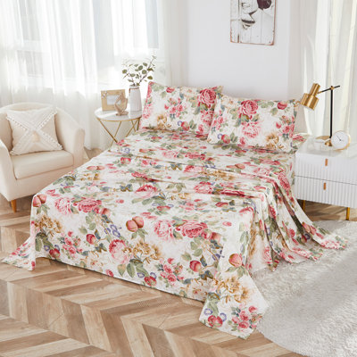 100% Egyptian Cotton Sheet Set, 4 Piece Vintage Country Garden Floral Print Sheet Set, For Guest Room Student Dorm All Seasons