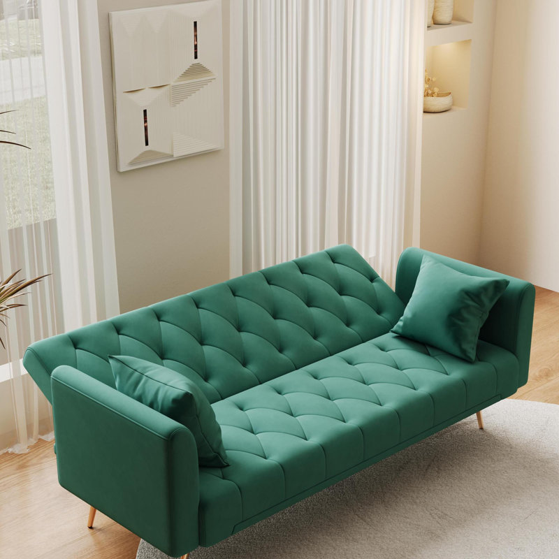 Soft and cosy tufted upholstered Futon Sofa, Green Velvet