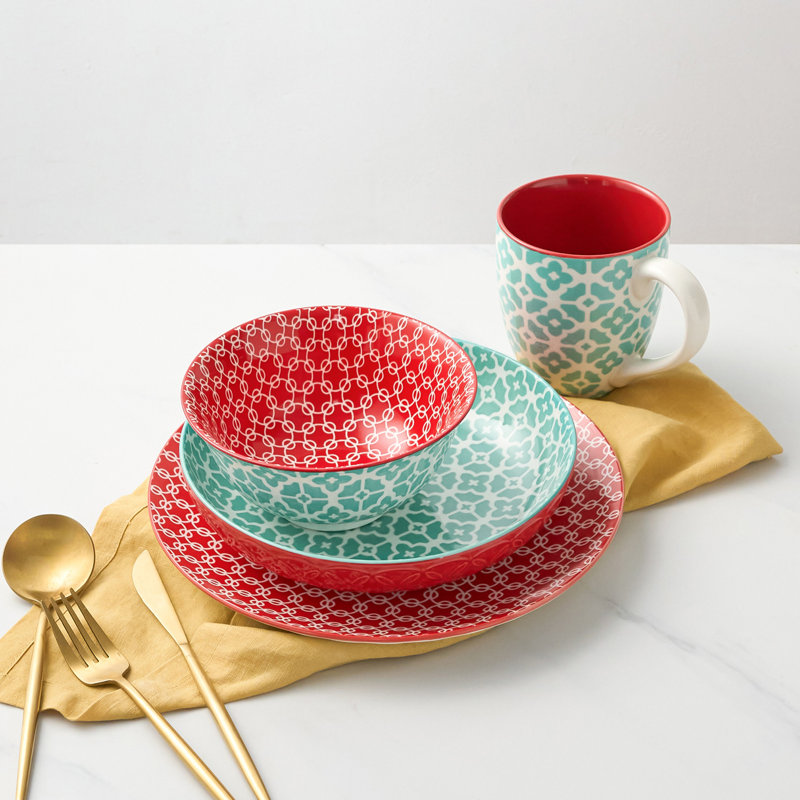 Service de vaisselle 4 pièces en porcelaine Vibrant Joy, Rouge/bleu